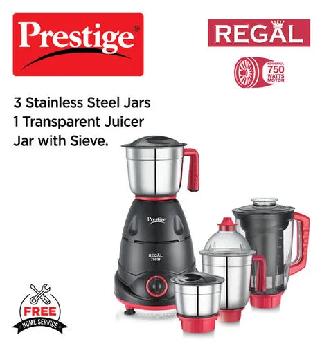 Prestige 750 Watts Regal Mixer Grinder with 4 Jars (3 Stainless Steel Jars + 1 Juicer Jar)