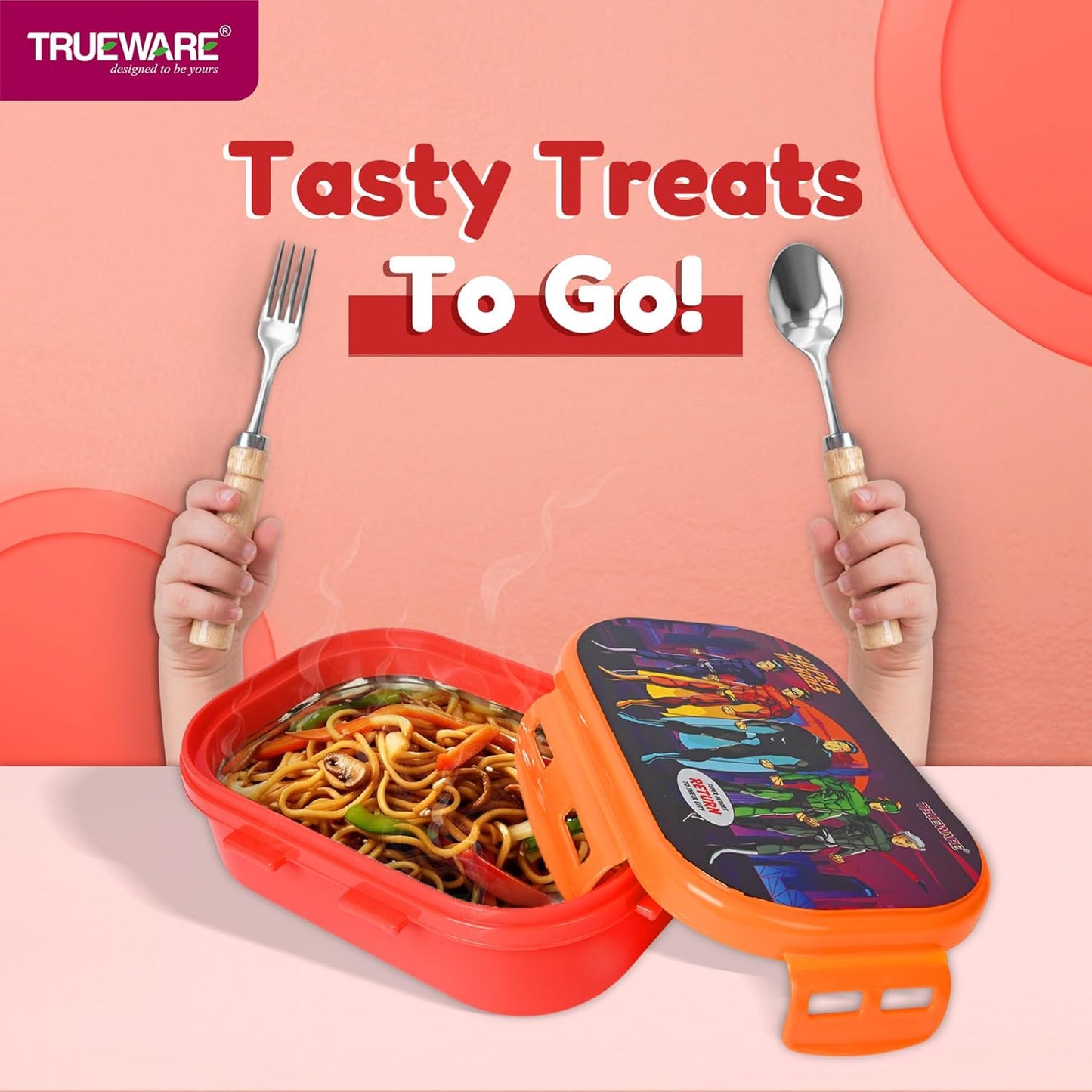 Trueware Byte Steel Lee Pu Insulated Hot Lunch Box 600ML Big Container & 150 ML Container | BPA Free | Food Grade | Keep Food hot for Long Hours | Perfect for School | FDA Certified