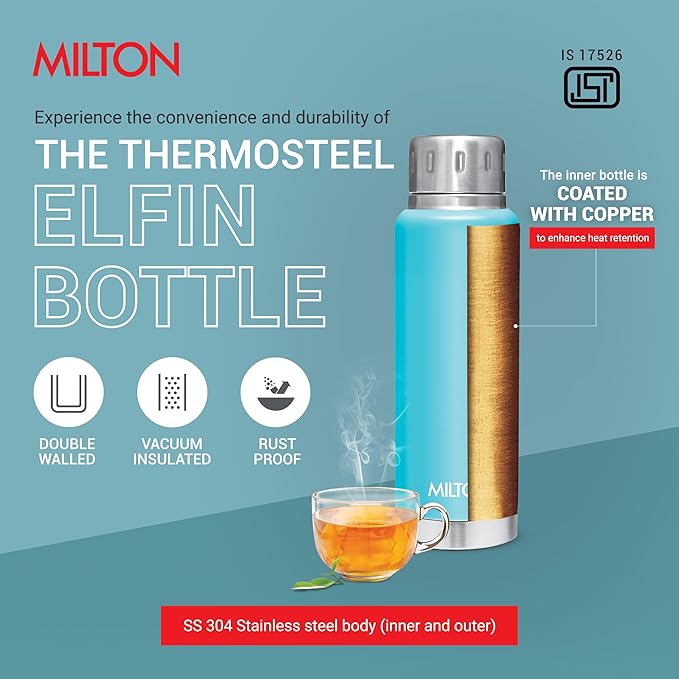 Milton Elfin 300 Thermosteel Water Bottle 300 ml, 24 Hr Hot and Cold I Leak Proof Lid, ISI Certified I Vacuum Insulated I for Office, Gym, School I Light Blue