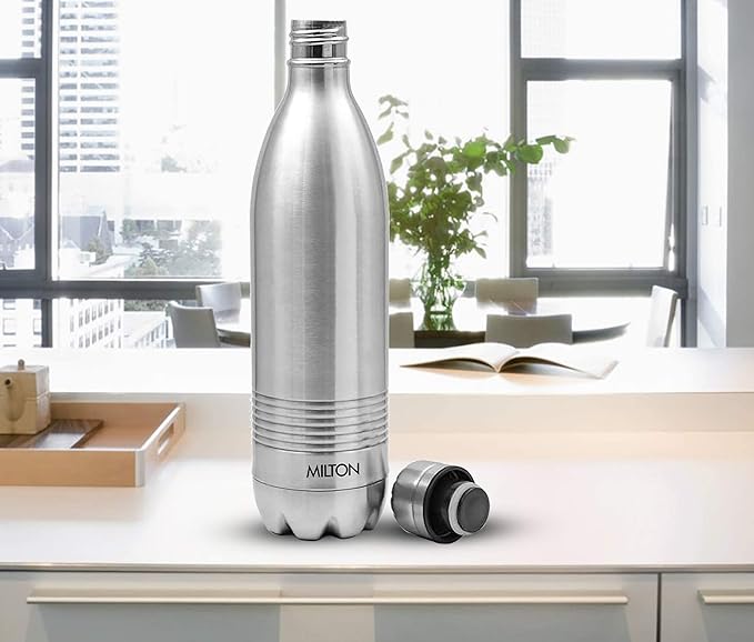 Milton Duo DLX 1000 Thermosteel Water Bottle 1 LTR, 24 Hr Hot and Cold I Leak Proof Lid, ISI Certified I Vacuum Insulated I for Office, Gym, School I Silver