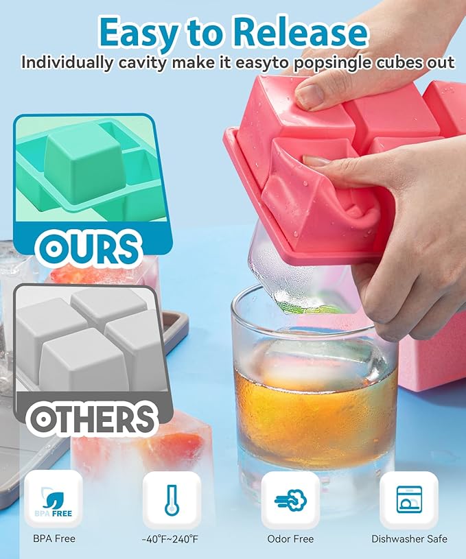 Silicone Large Ice Cube Tray for Whiskey, Lxndaser 2 Pack Square Ice Cube Molds, 2 Inch Big Silicone Old Fashioned Ice Tray, Leakproof Stackable Ice Trays With Lid for Freezer, Cocktails, Iced Coffee