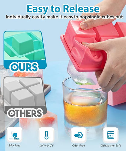 Silicone Large Ice Cube Tray for Whiskey, Lxndaser 2 Pack Square Ice Cube Molds, 2 Inch Big Silicone Old Fashioned Ice Tray, Leakproof Stackable Ice Trays With Lid for Freezer, Cocktails, Iced Coffee