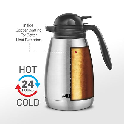 Milton Carafe 1500 Stainless Steel Double Walled Vacuum Insulated Flask with Lid and Handle, 1460 ml, Silver, Coffee/Tea Carafe Heat & Cold Retention, Leak Proof, Rust Free, Easy to Carry