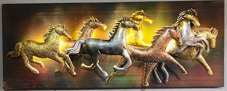 Metal Iron (7 HORSE ON PANEL big) Metal Abstract/wall Sculptures/Wall art/Wall Decore/for Office, living room, Restaurant, cafe, gift etc. (92 * 15 * 30 cm - Multicolor)