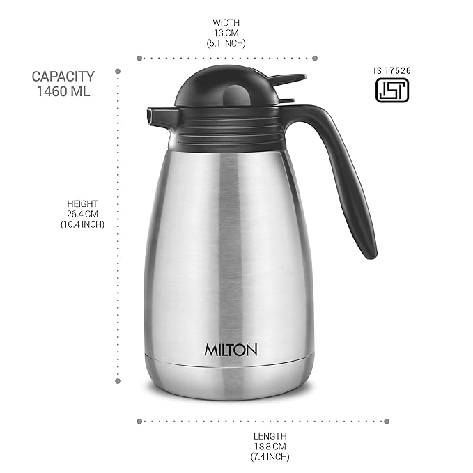 Milton Carafe 1500 Stainless Steel Double Walled Vacuum Insulated Flask with Lid and Handle, 1460 ml, Silver, Coffee/Tea Carafe Heat & Cold Retention, Leak Proof, Rust Free, Easy to Carry