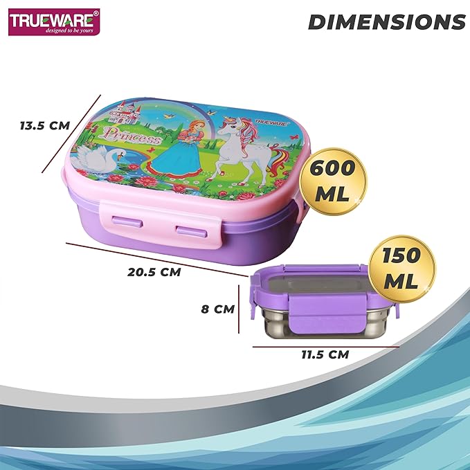 Trueware KOKO Junior Steel Lee Pu Insulated Hot Lunch Box 600ML Big Container and 150 ML Veggie Container | BPA Free | Food Grade | Keep Food hot for Long Hours | Perfect for School | Kids