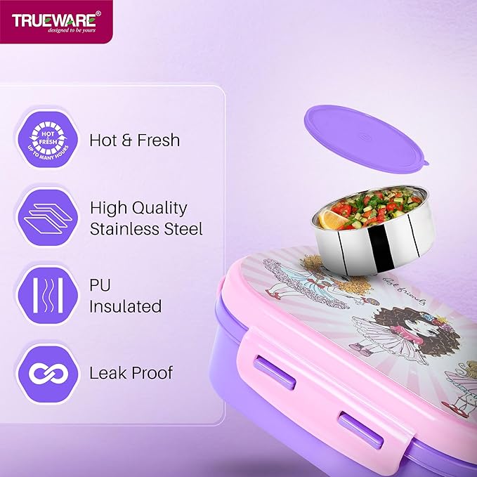 Trueware Byte Steel Lee Pu Insulated Hot Lunch Box 600ML Big Container & 150 ML Container | BPA Free | Food Grade | Keep Food hot for Long Hours | Perfect for School | FDA Certified