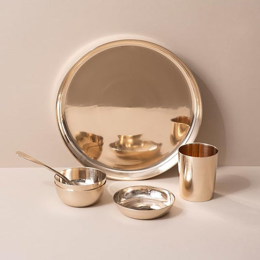 6-Piece Kansa Dinner Set | Gloss Finish | 1 Plate (10.5" Thali, 2 Bowls, 1 Glass, 1 Sweet Dish Plate, 1 Spoon | Authentic Indian Dining Collection | A Thoughtful Gift (Solid, Bronze)