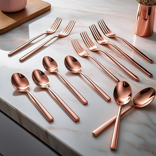 Cutlery (Set of 12, Stainless Steel PVD Rose Gold Spoons - 6 and Forks - 6), 100% Food Grade, Non Toxic, Anti-Rust, Dishwasher Safe, Perfect Gifting Set for All Occasions