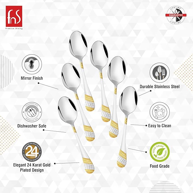FnS Imperio Teaspoon 24 Karat Partial Gold Plating for Tea, Coffee and Spices SET OF 6
