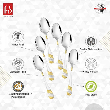 FnS Imperio Teaspoon 24 Karat Partial Gold Plating for Tea, Coffee and Spices SET OF 6