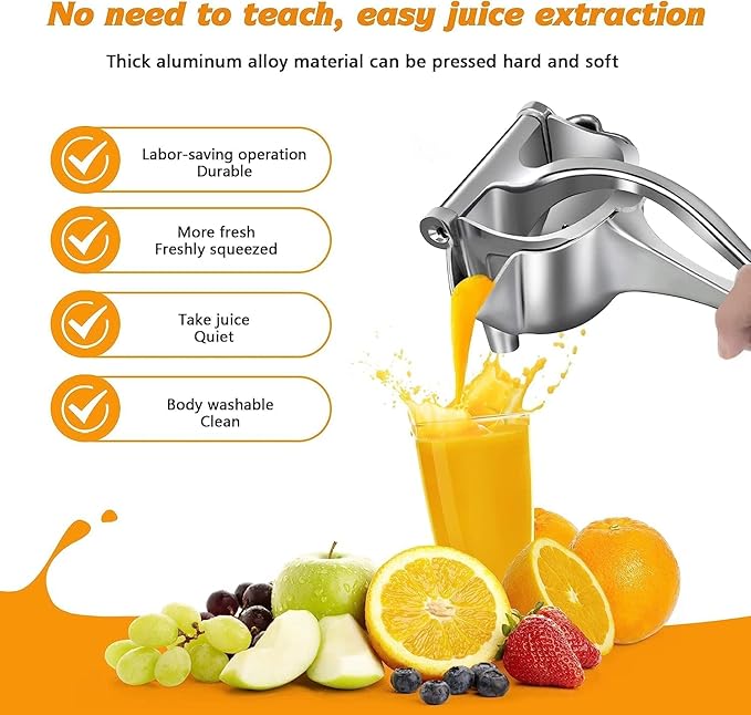 Aluminum Hand Press Juicer Manual Citrus & Fruit Juicer for Kitchen Use Sturdy Metal Juicer for Home, Kitchen & Bar Easy-to Use Manual Machine (Silver)