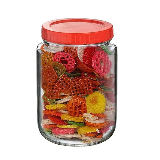 Yera Glass Square Clear Jars & Containers||for Kitchen Pantry,Snacks, Masala, Honey, Pickles,Cookies,Dry Fruits,and Coffee Beans Storage||Plastic Red Lid (Aahar Jar) (1000ml, Set Of 2)