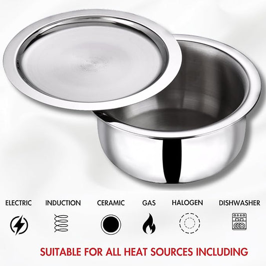 Triply Stainless Steel Tope with Lid - 1 Litre, 14 cm | Boiling Tope for Kitchen | Multipurpose Steel | Induction & Gas Base | 5 Year Warranty