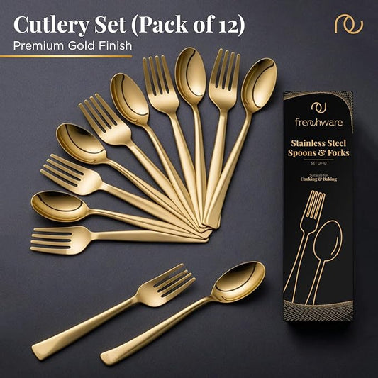 Cutlery (Set of 12, Stainless Steel PVD Gold Spoons - 6 and Forks - 6), 100% Food Grade, Non Toxic, Anti-Rust, Dishwasher Safe, Perfect Gifting Set for All Occasions