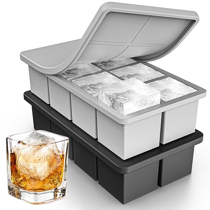 Silicone Large Ice Cube Tray for Whiskey, Lxndaser 2 Pack Square Ice Cube Molds, 2 Inch Big Silicone Old Fashioned Ice Tray, Leakproof Stackable Ice Trays With Lid for Freezer, Cocktails, Iced Coffee