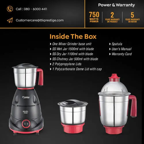 Prestige 750 Watts Regal Mixer Grinder with 3 Stainless Steel Jars| Appealing Design| Sturdy Handles| Red and Black