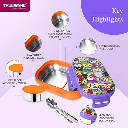 Trueware Byte Steel Lee Pu Insulated Hot Lunch Box 600ML Big Container & 150 ML Container | BPA Free | Food Grade | Keep Food hot for Long Hours | Perfect for School | FDA Certified