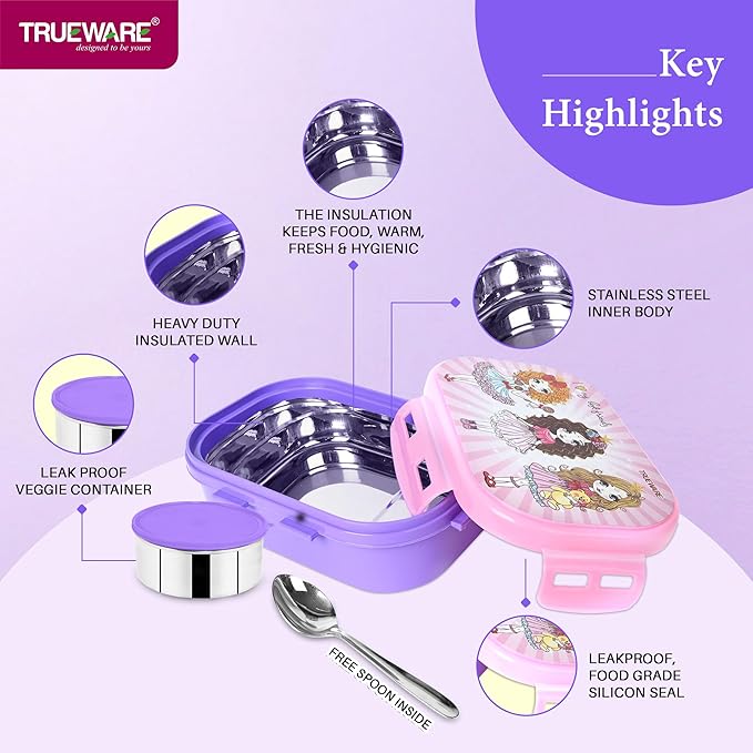 Trueware Byte Steel Lee Pu Insulated Hot Lunch Box 600ML Big Container & 150 ML Container | BPA Free | Food Grade | Keep Food hot for Long Hours | Perfect for School | FDA Certified