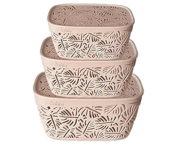 Monstera Design Plastic Storage Basket with Lid – Set of 3 | Multipurpose Organizer Box for Kitchen, Bathroom, Toys & Office | Nestable, Durable & Elegant