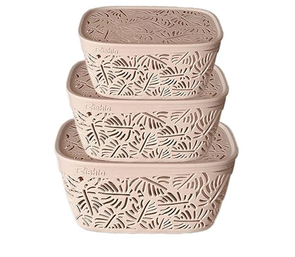 Monstera Design Plastic Storage Basket with Lid – Set of 3 | Multipurpose Organizer Box for Kitchen, Bathroom, Toys & Office | Nestable, Durable & Elegant