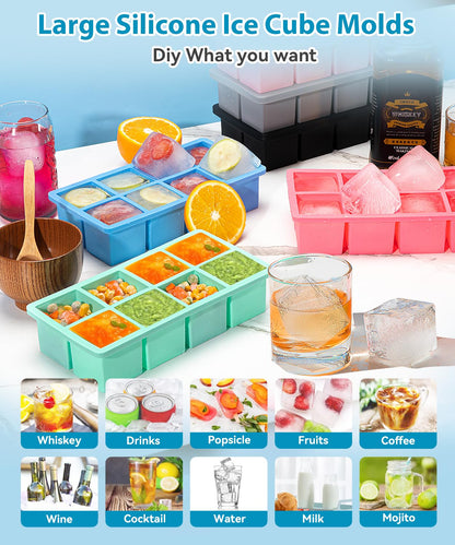 Silicone Large Ice Cube Tray for Whiskey, Lxndaser 2 Pack Square Ice Cube Molds, 2 Inch Big Silicone Old Fashioned Ice Tray, Leakproof Stackable Ice Trays With Lid for Freezer, Cocktails, Iced Coffee