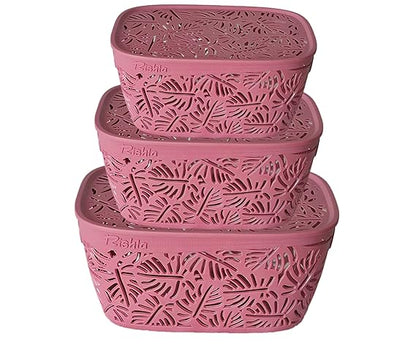 Monstera Design Plastic Storage Basket with Lid – Set of 3 | Multipurpose Organizer Box for Kitchen, Bathroom, Toys & Office | Nestable, Durable & Elegant