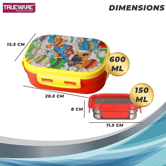 Trueware KOKO Junior Steel Lee Pu Insulated Hot Lunch Box 600ML Big Container and 150 ML Veggie Container | BPA Free | Food Grade | Keep Food hot for Long Hours | Perfect for School | Kids