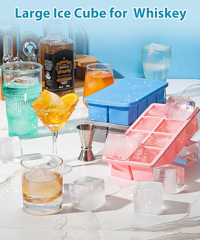 Silicone Large Ice Cube Tray for Whiskey, Lxndaser 2 Pack Square Ice Cube Molds, 2 Inch Big Silicone Old Fashioned Ice Tray, Leakproof Stackable Ice Trays With Lid for Freezer, Cocktails, Iced Coffee