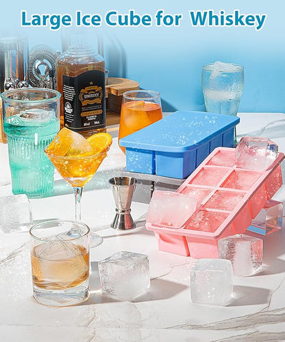 Silicone Large Ice Cube Tray for Whiskey, Lxndaser 2 Pack Square Ice Cube Molds, 2 Inch Big Silicone Old Fashioned Ice Tray, Leakproof Stackable Ice Trays With Lid for Freezer, Cocktails, Iced Coffee
