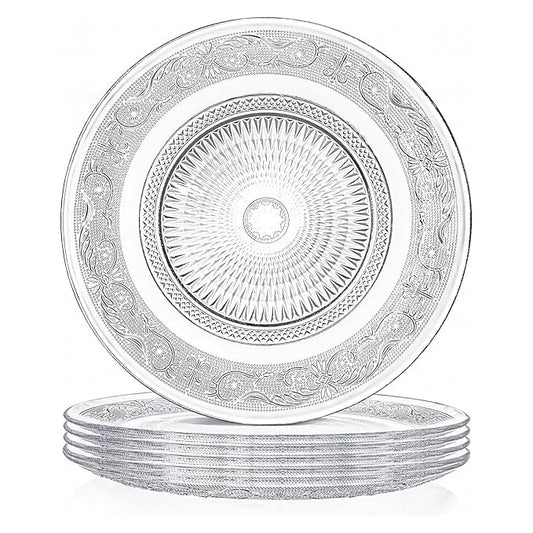 Glass Dinner Plate - Large Round Clear Serving Plate, Vintage Embossed Dinnerware for Pasta, Salad, Home Wedding Decor (10 Inches)