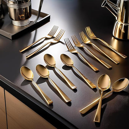 Cutlery (Set of 12, Stainless Steel PVD Gold Spoons - 6 and Forks - 6), 100% Food Grade, Non Toxic, Anti-Rust, Dishwasher Safe, Perfect Gifting Set for All Occasions