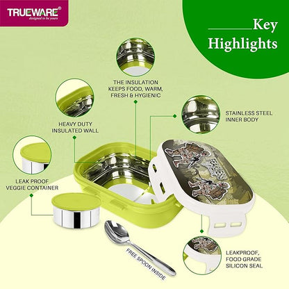 Trueware Byte Steel Lee Pu Insulated Hot Lunch Box 600ML Big Container & 150 ML Container | BPA Free | Food Grade | Keep Food hot for Long Hours | Perfect for School | FDA Certified