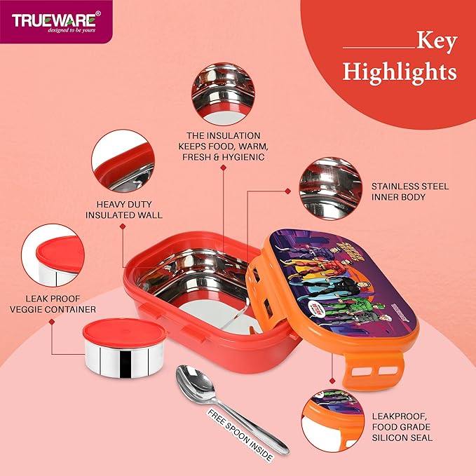 Trueware Byte Steel Lee Pu Insulated Hot Lunch Box 600ML Big Container & 150 ML Container | BPA Free | Food Grade | Keep Food hot for Long Hours | Perfect for School | FDA Certified