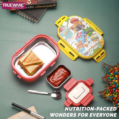 Trueware KOKO Junior Steel Lee Pu Insulated Hot Lunch Box 600ML Big Container and 150 ML Veggie Container | BPA Free | Food Grade | Keep Food hot for Long Hours | Perfect for School | Kids
