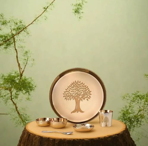 Kansa Dinner Set | 6 Pcs Tree Design Glossy Finished – 1 Platter Dai 12 Inch, 2 Bowl (Katori), 1 Sweet Dish, 1 Glass(Tumbler), 1 Spoon