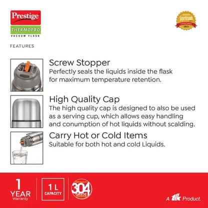 Prestige Thermopro PFSL 4 Stainless Steel Vacuum Flask, 1 L (Silver)