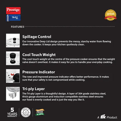 Prestige Svachh Triply Outer Lid Pressure Cooker with Unique Deep Lid for Spillage Control, 3.5 Litre, Silver