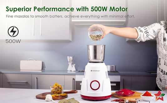 Wonderchef Robo Mixer Grinder | 3 Jars for Blending, Dry Grinding, Chutney Grinding | Low Friction | Low Noise | Conserves Power | Grind Masalas, Nuts, Coconut to Fruits/Vegetables 500 Watt White