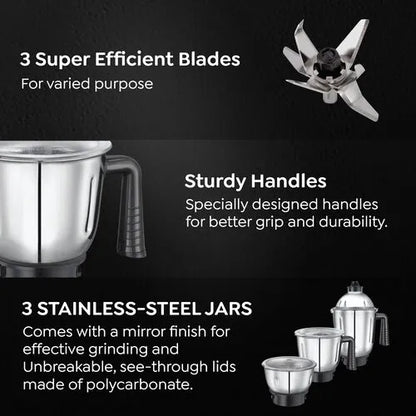 Prestige 750 Watts Prism Mixer Grinder with 3 Stainless Steel Jars| LED Power Indicator|Flow Breaker Design|Sturdy Handles| Purple and White