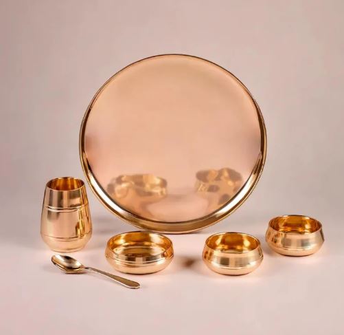 Kansa Handi Dinner Set | 6 Pcs - 1 Platter Dai 12 inch, 2 Bowl (Katori), 1 Sweet Dish, 1 Glass(Tumbler), 1 Spoon