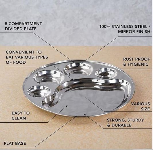 Stainless Steel Round New Dinner Plate w/ 5 Sections Divided Mess Trays for Kids Lunch, Camping, Events & Every Day Use Kitchenware