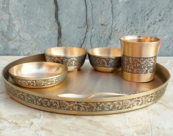 Bronze Dinner Set Etching Design, Pure Kansa Thali Set