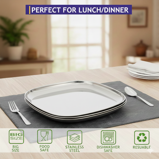 Premium Stainless Steel Swage Dinner Plates /SQUARE/STEEL/HEAVY