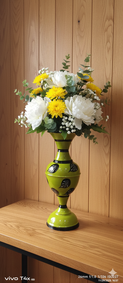 Ornate Enameled Vases (16-Inch)Deep Red (with gold accents), saturated Bright Blue, and lively Lime Green , Without flower.