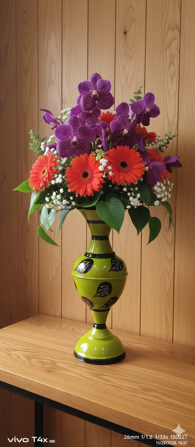 Ornate Enameled Vases (16-Inch)Deep Red (with gold accents), saturated Bright Blue, and lively Lime Green , Without flower.