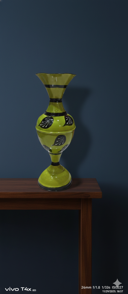 Ornate Enameled Vases (16-Inch)Deep Red (with gold accents), saturated Bright Blue, and lively Lime Green , Without flower.