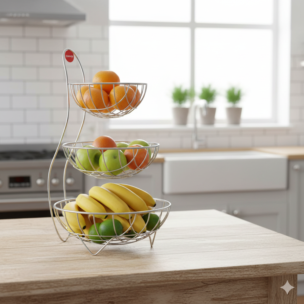 Elegant 3-Tier Chrome Steel Fruit & Vegetable Basket Stand