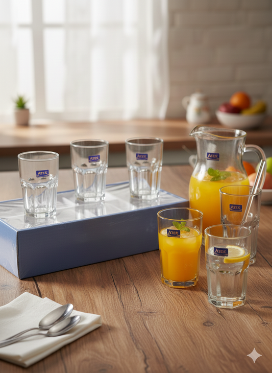 "Pour in style. Serve with elegance. This 7-piece glass set is ready for your next gathering."