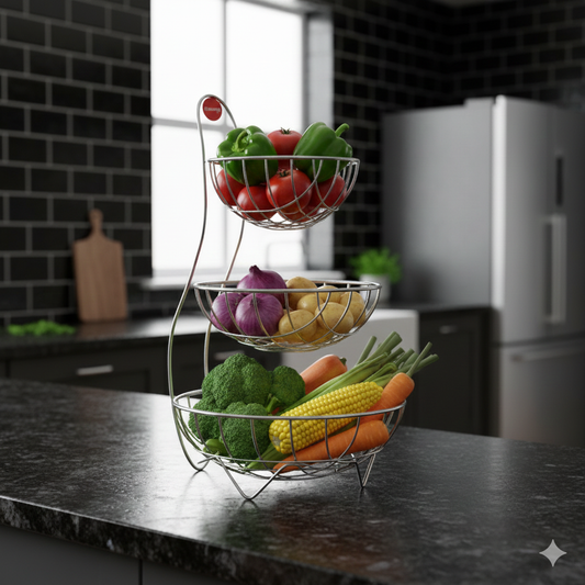 Elegant 3-Tier Chrome Steel Fruit & Vegetable Basket Stand